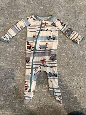 Blue Striped Footed One-Piece with Vehicle Print